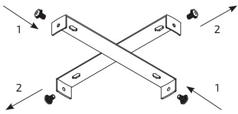 Pure mechanical diagram showing two X-shaped components with directional arrows and small circular features, no text or symbols present.
