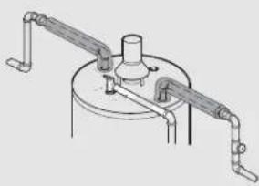 Technical line drawing of a mechanical device with lever arms and central hub (no text or symbols).