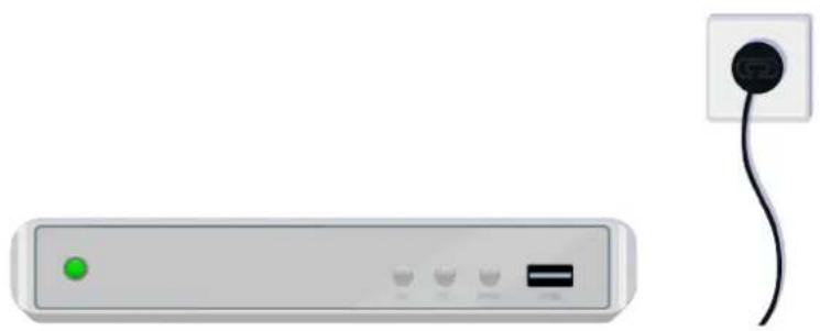 Front view of a network device with a green indicator light and a black plug attached to the right (no text or symbols visible)