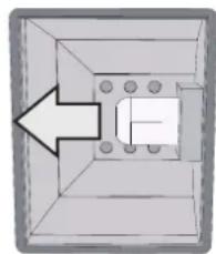 Pure diagram of a 3D rectangular block with internal components and an arrow pointing to one corner (no text or symbols)