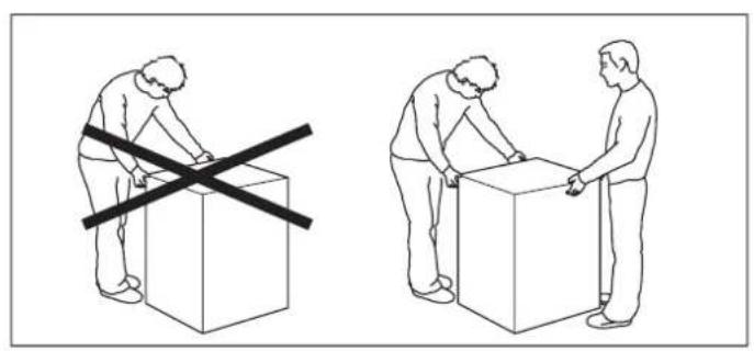 Two line drawings showing a person handling a box with a diagonal black line crossing over it, and another person holding a box with an arrow indicating force (no text or symbols)