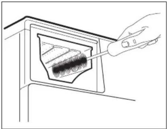Line drawing of a hand using a tool to insert or mark a textured object inside a rectangular frame (no text or symbols)
