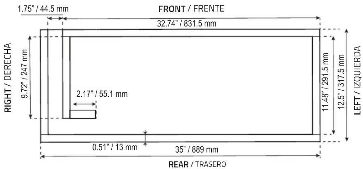 | Section | Dimension | | --------------- | --------------- | | FRONT / FRENTE | 1.75" / 44.5 mm | | FRONT / FRENTE | 32.74" / 831.5 mm | | FRONT / FRENTE | 9.72" / 247 mm | | FRONT / FRENTE | 2.17" / 55.1 mm | | FRONT / FRENTE | 11.48" / 291.5 mm | | FRONT / FRENTE | 12.5" / 317.5 mm | | REAR / TRA…