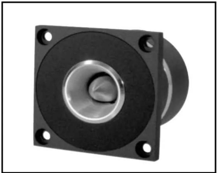 Close-up of a black square mechanical component with a central circular recess and four mounting holes (no text or symbols visible)