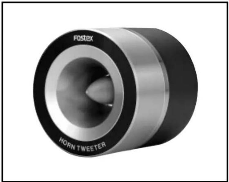 Close-up of a cylindrical mechanical component with 'FOSTEX' and 'HORN TWEETER' branding, showing internal structure (no readable text beyond labels)