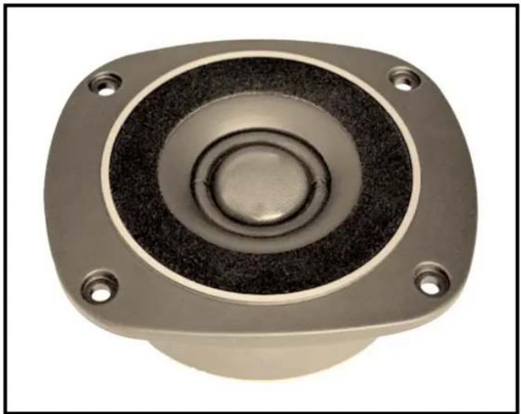 Close-up of a metallic speaker component with concentric rings and mounting holes (no text or symbols visible)