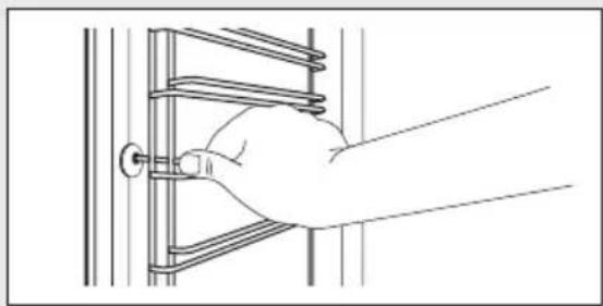 Line drawing of a hand installing or adjusting a wall-mounted component (no text or symbols)