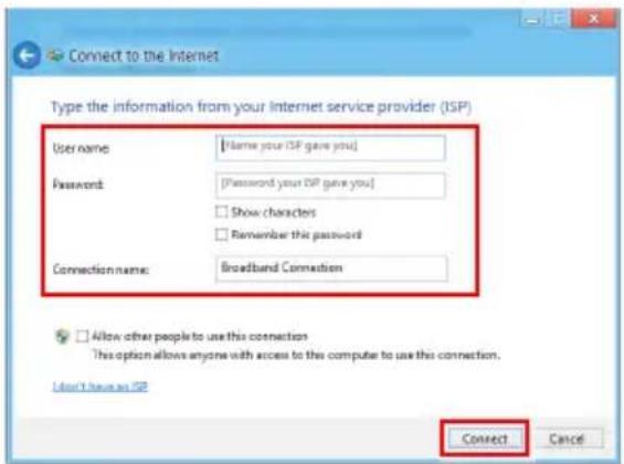 Connect to the Internet Type the information from your Internet service provider (ISP) User name: [Name your ISP gave you] Password: [Password your ISP gave you] Show characters Remember this password Connection name: Broadband Connection Allow other people to use this connection This option allows…