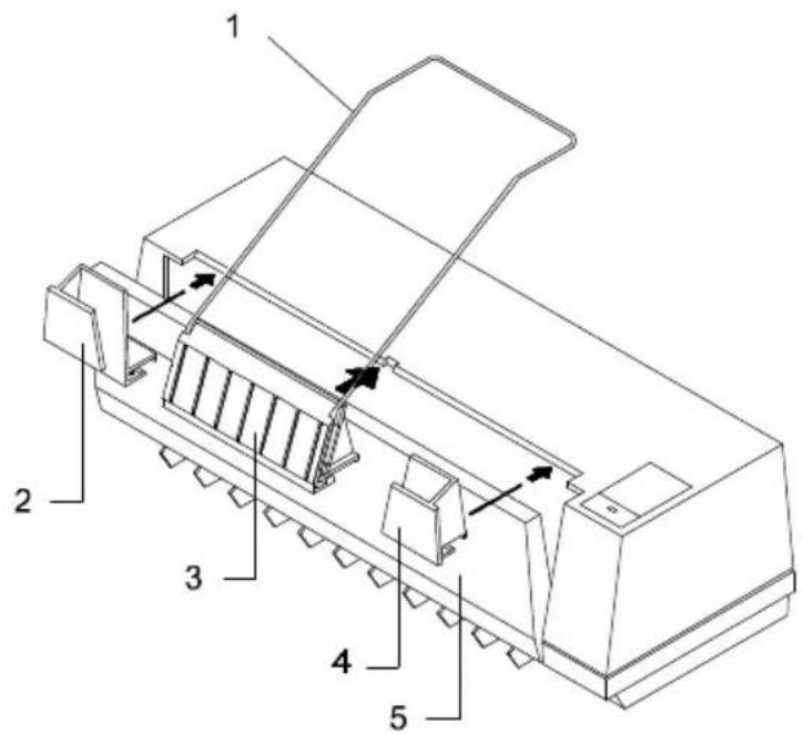 Technical diagram of a mechanical device with numbered components and directional arrows indicating assembly or movement.
