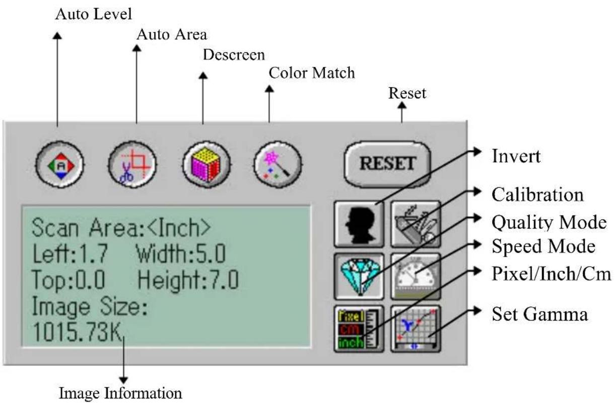 Auto Level Auto Area Descreen Color Match Reset Scan Area: Left:1.7 Width:5.0 Top:0.0 Height:7.0 Image Size: 1015.73K Image Information RESET Invert Calibration Quality Mode Speed Mode Pixel/Inch/Cm Set Gamma
