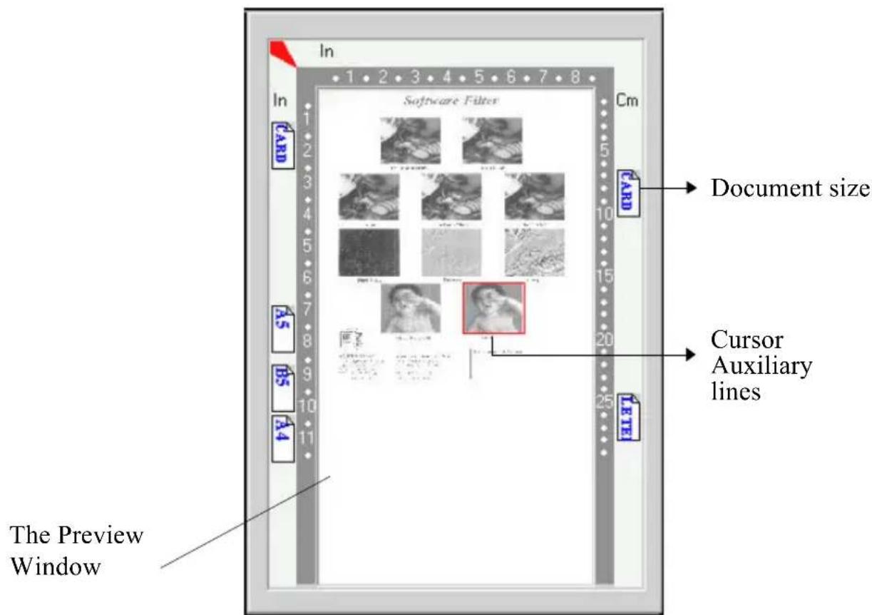 In 1 2 3 4 5 6 7 8 In Software Filters Cm 1 2 3 4 5 6 7 8 A.5 B.5 A.4 Document size Cursor Auxiliary lines 20 25 LE TE The Preview Window