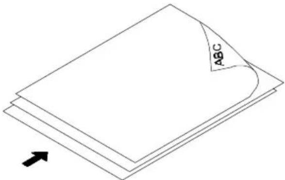 Stack of three sheets with a curved corner labeled ABC, one upward and one downward (no text or symbols beyond labels)