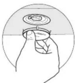 Illustration of a hand holding a circular object with a ring above it, enclosed in a circle (no text or symbols)