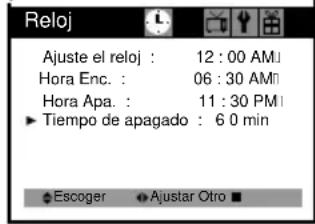 Reloj Ajuste el reloj : 12:00 AM Hora Enc. : 06:30 AM Hora Apa. : 11:30 PM ► Tiempo de apagado : 6.0 min Escoger Ajustar Otro ■