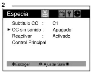 Especial Subtítulo CC : C1 ► CC sin sonido : Apagado Reactivar : Activado Control Principal Escoger Ajustar Salir ■