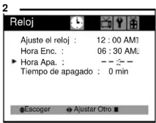 2 Reloj Ajuste el reloj : 12:00 AM Hora Enc. : 06:30 AM ► Hora Apa. : — — Tiempo de apagado : 0 min Escoger Ajustar Otro ■