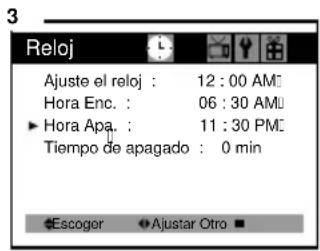 3 Reloj Ajuste el reloj : 12:00 AM Hora Enc. : 06:30 AM ► Hora Apa. : 11:30 PM Tiempo de apagado : 0 min Escoger Ajustar Otro ■