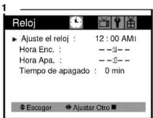 Reloj Ajuste el reloj : 12:00 AMI Hora Enc. : ——:— Hora Apa. : ——:— Tiempo de apagado : 0 min Escoger Ajustar Otro ■