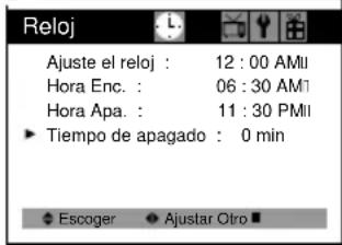 Reloj Ajuste el reloj : 12:00 AMI Hora Enc. : 06:30 AMI Hora Apa. : 11:30 PMI ► Tiempo de apagado : 0 min ◆ Escoger ◆ Ajustar Otro ■