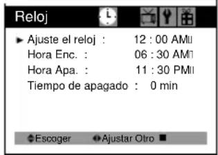 Reloj Ajuste el reloj : 12:00 AMI Hora Enc. : 06:30 AMI Hora Apa. : 11:30 PMI Tiempo de apagado : 0 min Escoger Ajustar Otro ■