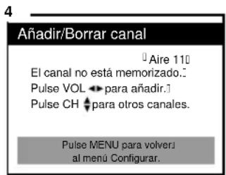 Añadir/Borrar canal ↓Aire 110 El canal no está memorizado.. Pulse VOL ← para añadir.! Pulse CH ↑ para otros canales. Pulse MENU para volveri al menú Configurar.
