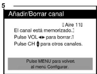 5 Añadir/Borrar canal □ Aire 110 El canal está memorizado... Pulse VOL ▶ para borrar. Pulse CH ▶ para otros canales. Pulse MENU para volver. al menú Configurar.