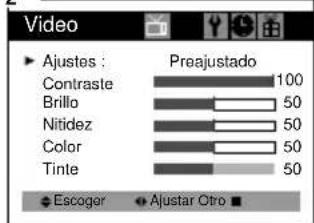 Video Ajustes : Preajustado Contraste 100 Brillo 50 Nitidez 50 Color 50 Tinte 50 Escoger Ajustar Otro