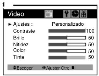 Video Ajustes : Contraste Brillo Nitidez Color Tinte Personalizado 50 50 50 50 Escoger Ajustar Otro