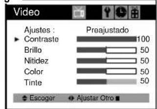 Video Ajustes : Contraste Brillo Nitidez Color Tinte Preajustado 100 50 50 50 50 50 Escoger Ajustar Otro