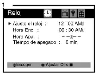 1 Reloj Ajuste el reloj : 12:00 AM Hora Enc. : 06:30 AM Hora Apa. : -- Tiempo de apagado : 0 min Escoger Ajustar Otro ■