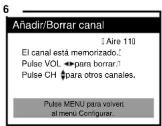 6 Añadir/Borrar canal □ Aire 110 El canal está memorizado.! Pulse VOL ▶ para borrar.! Pulse CH ▶ para otros canales. Pulse MENU para volver al menú Configurar.