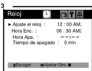 3 Reloj ► Ajuste el reloj : 12:00 AM Hora Enc. : 06:30 AM Hora Apa. : —— Tiempo de apagado : 0 min Escoger ■ Ajustar Otro ■