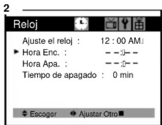 2 Reloj Ajuste el reloj : 12:00 AM ► Hora Enc. : - - :0 - Hora Apa. : - - :0 - Tiempo de apagado : 0 min ◆ Escoger ◆ Ajustar Otro ■
