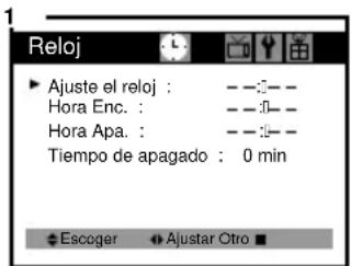 Reloj Ajuste el reloj : - - - - Hora Enc. : - - - - Hora Apa. : - - - - Tiempo de apagado : 0 min Escoger Ajustar Otro ■