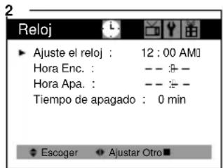 2 Reloj Ajuste el reloj : 12:00 AM Hora Enc. : -- Hora Apa. : -- Tiempo de apagado : 0 min Escoger Ajustar Otro■