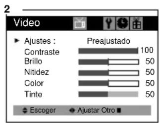 2 Video Ajustes : Contraste Préajustado Brillo 50 Nitidez 50 Color 50 Tinte 50 Escoger Ajustar Otro