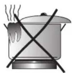 Simple line drawing of a pot with steam rising and crossed by diagonal lines (no text or symbols)