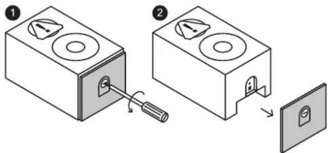 Diagram showing two steps of a device mounting process: first with screwdriver, second with circular components and switch.