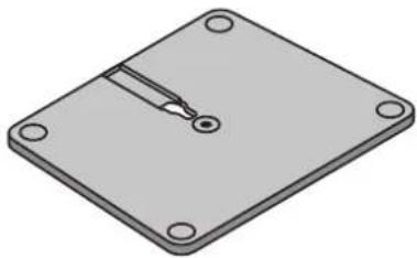 3D rendering of a square plate with four corner holes and a central screw-like feature (no text or symbols)