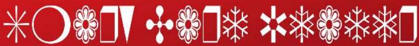 Red background with white decorative symbols including floral, square, and asterisk-like shapes.