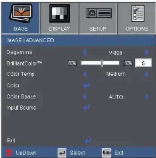 IMAGE | ADVANCED Degamma Video BrilliantColor™ 5 Color Temp. Medium Color Color Space AUTO Input Source Exit UpDown Select New Exit
