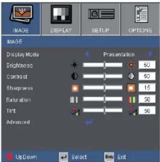 IMAGE DISPLAY SETUP OPTIONS IMAGE Display Mode Brachiness Contrast Sharpness Saturation Tint Advanced Presentation 60 50 15 50 50 UpDown Select New Exit