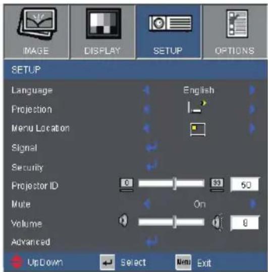 IMAGE DISPLAY SETUP OPTIONS SETUP Language English Projection Menu Location Signal Security Projector ID 0 39 50 Mute On Volume 0 Advanced UpDown Select New Exit