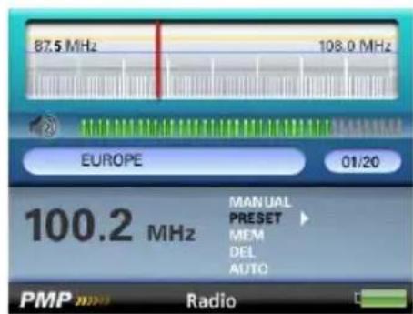 87.5 MHz 108.0 MHz EUROPE 01/20 100.2 MHz MANUAL PRESET MEM DEL AUTO PMP Radio