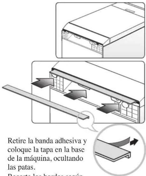 Retire la banda adhesiva y coloque la tapa en la base de la máquina, ocultando las patas. Resorte los bordas según
