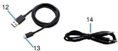 Two black cables with connectors labeled 12 and 13, and 14, shown without any text or symbols on the cables themselves.