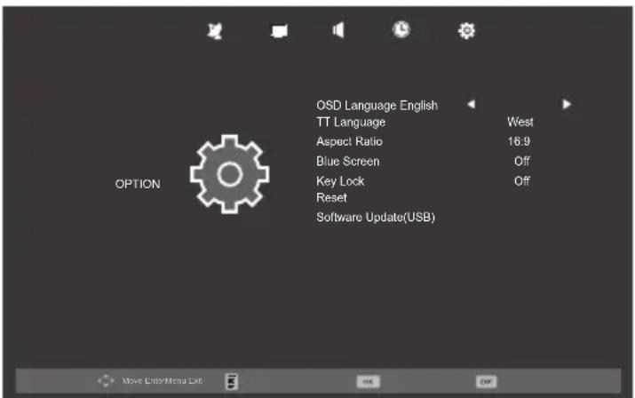 OSD Language English TT Language Aspect Ratio Blue Screen Key Lock Reset Software Update(USB) West 18:9 Off Off OPTION