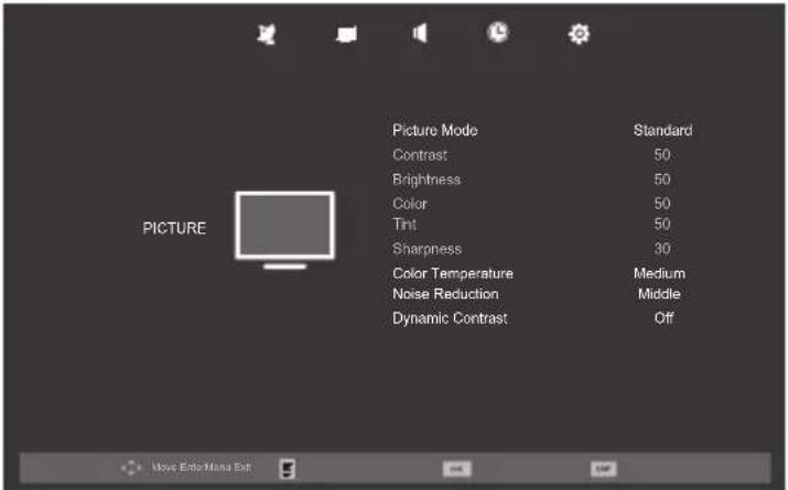 Picture Mode Contrast Brightness Color Tint Sharpness Color Temperature Noise Reduction Dynamic Contrast Standard 50 50 50 30 Medium Middle Off