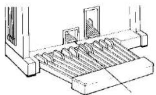 Technical line drawing of a staircase with slatted base and window (no text or symbols)