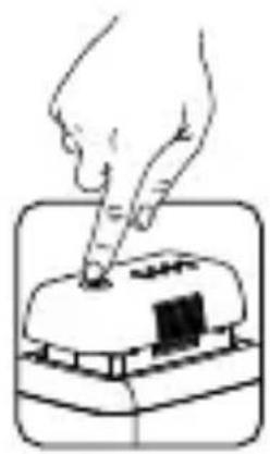 Simple line drawing of a hand pressing down on a button (no text or symbols)